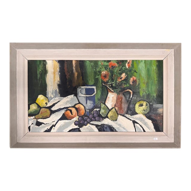 Large Mid-Century Modern Still Life Oil Painting With Fruit, Flowers & Pitchers, Signed For Sale