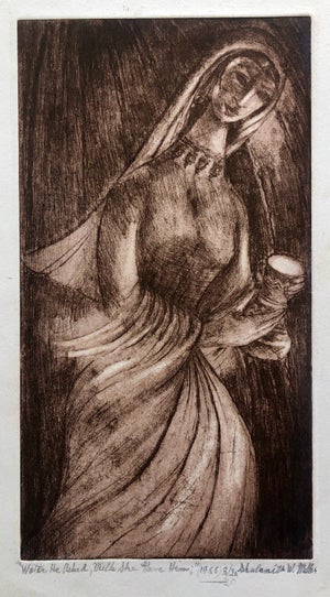 Shulamith Wittenberg Miller, "Water He Asked Milk She Gave Him" Etching Israeli Judaica Bezalel School Woman, 1966
