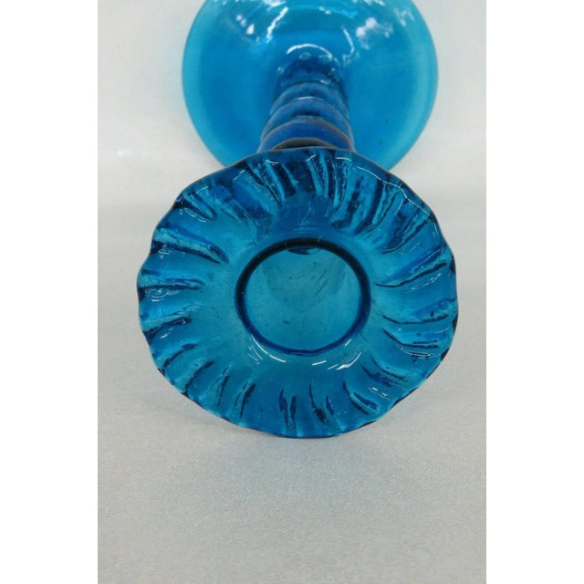 Mid 20th Century Spindle Pillar Blue Glass Tall Single Candle Stick Holder with Wavy Rim For Sale - Image 5 of 11