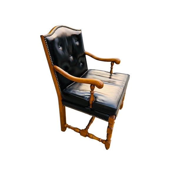 Wood Vintage Barnard & Simonds Black Leather Armchair | 1960s American Traditional | Button-Tufted Leather & Bobbin-Turned Wood For Sale - Image 7 of 18