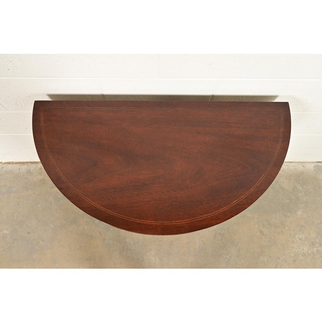 1980s Baker Furniture Federal Inlaid Mahogany Flip-Top Demilune Console Table or Entry Table For Sale - Image 5 of 13
