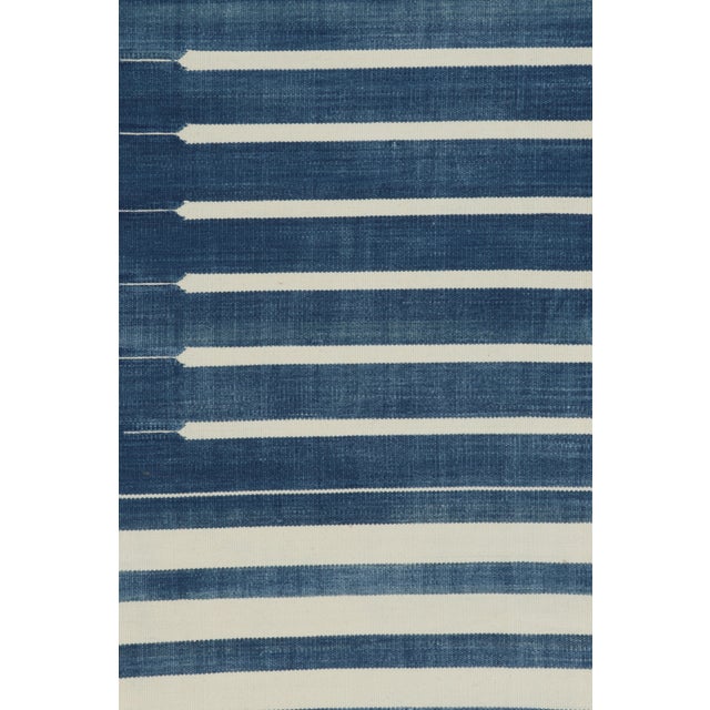 Boho Chic Rug & Kilim's Contemporary Dhurrie Rug in Dark Blue and White Stripes - 9x12 For Sale - Image 3 of 9