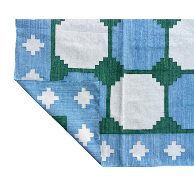 Handmade Cotton Area Rug, Vegetable Dyed Sky Blue, Cream and Green Swedish Tile Dhurrie-4'x6' For Sale - Image 11 of 13