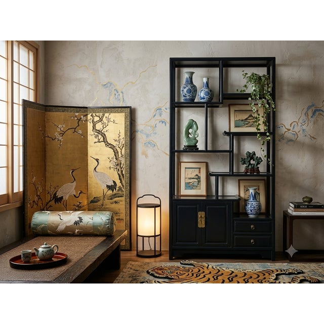 Oriental Asymmetrical Black Lacquer Shelving Display Cabinet Divider For Sale In San Francisco - Image 6 of 9
