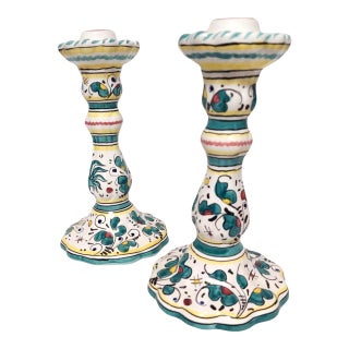 Pair of Vintage Italian Candlesticks Roosters Yellow Green Bird Hand Painted d'Arna Perugia Italy For Sale