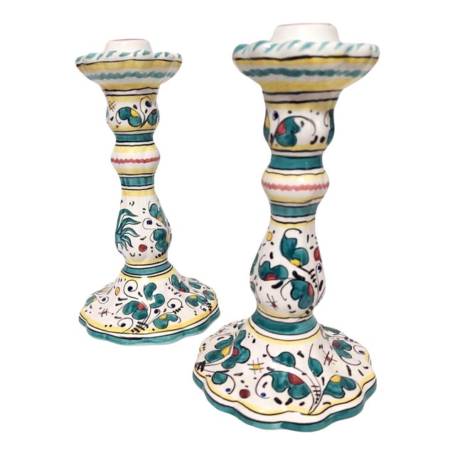 Pair of Vintage Italian Candlesticks Roosters Yellow Green Bird Hand Painted d'Arna Perugia Italy For Sale
