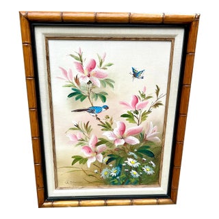 McM, Signed Oil Painting by Ck Chan, With Faux Bamboo Frame For Sale