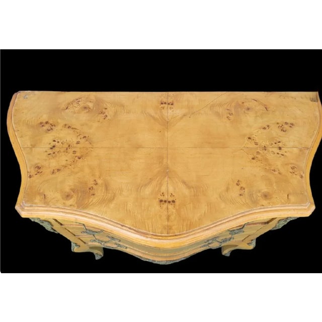 Baker Furniture Company Vintage Italian Burl Wood Ormolu Accented 3 Drawer Curved Bombe Hall Foyer Chest of Drawers For Sale - Image 4 of 12