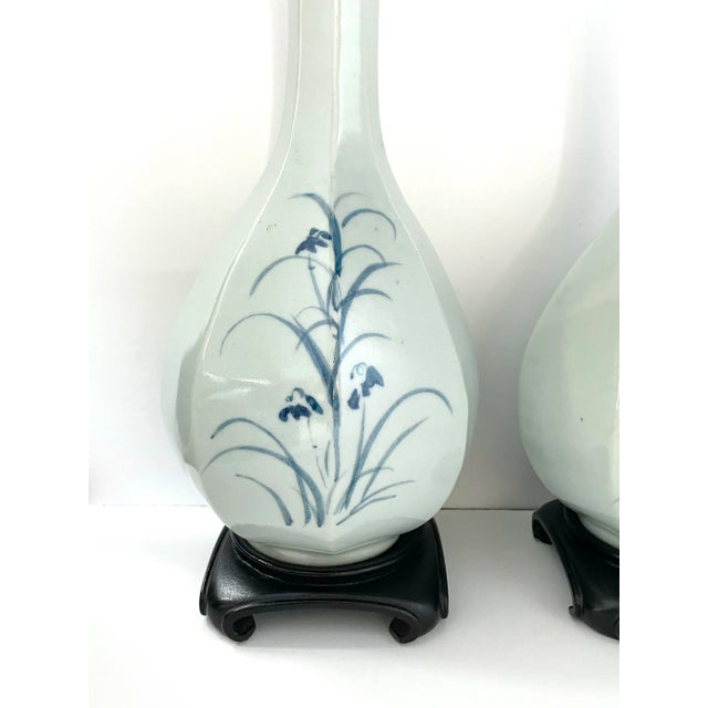 Late 20th Century Vintage Asian Celadon Vases With Blue Flowers - a Pair For Sale - Image 5 of 13