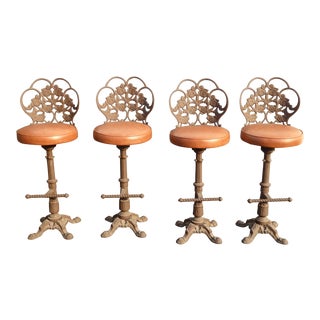 Vintage Spanish Style Floral Cast Iron Brown & Orange Barstools - Set of 4 For Sale