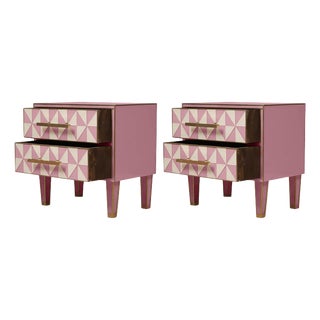 Optical Effect Italian Nightstands in Pink & White Murano Glass with Brass from Justfurnituress SRL, Set of 2 For Sale