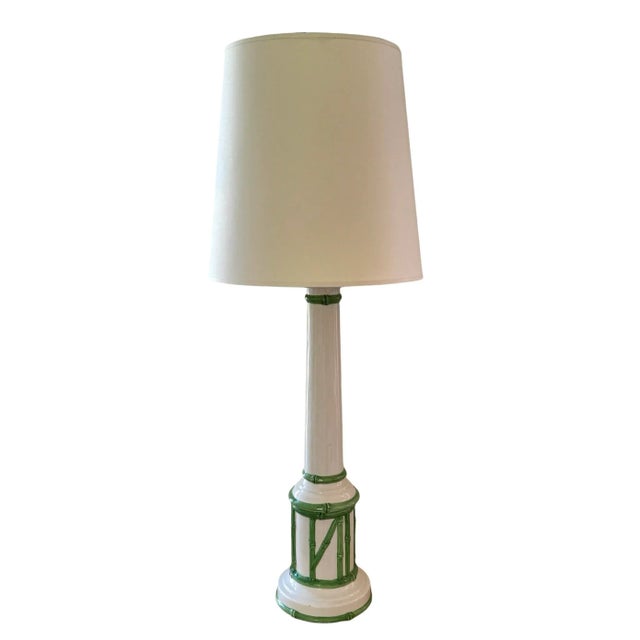 Tall ceramic table lamp. White with bright green bamboo fretwork detailing. Palm beach style. All new wiring! 27" height...