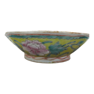Chinese Yellow Turquoise Hand Painted Peach & Flower Motif Porcelain Bowl
