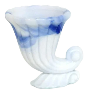 Akro Agate Blue Slag Glass Cornucopia Horn Small Vase Candle Holder