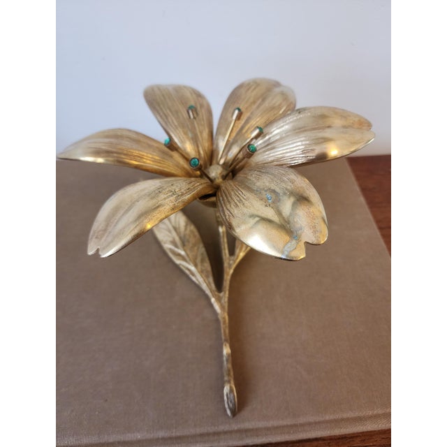 Vintage Italian Gilt Brass Flower Candle Holder Hollywood Regency Floral Centerpiece Gold Metal Lily Sculpture Decor For Sale - Image 4 of 16