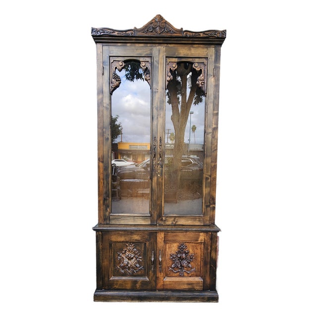Vintage Carved Wood Display Cabinet For Sale