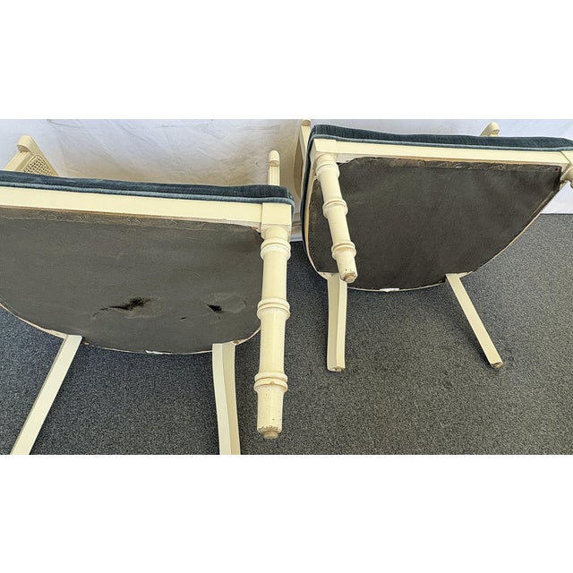 1960's Faux Bamboo and Cane Barrel Lounge Chairs With Blue Velvet Upholstery- A Pair For Sale - Image 16 of 18
