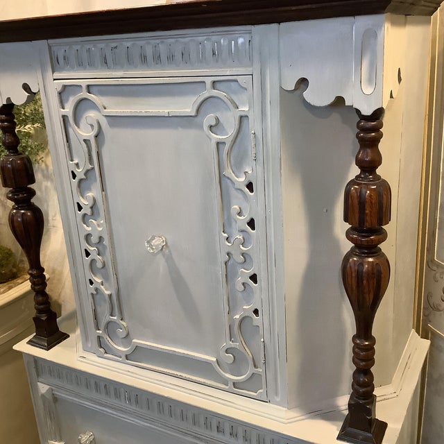 Vintage China Cabinet Painted Gray W Natural Dark Wood Carvings Interior Storage Scandinavian Design For Sale - Image 10 of 12