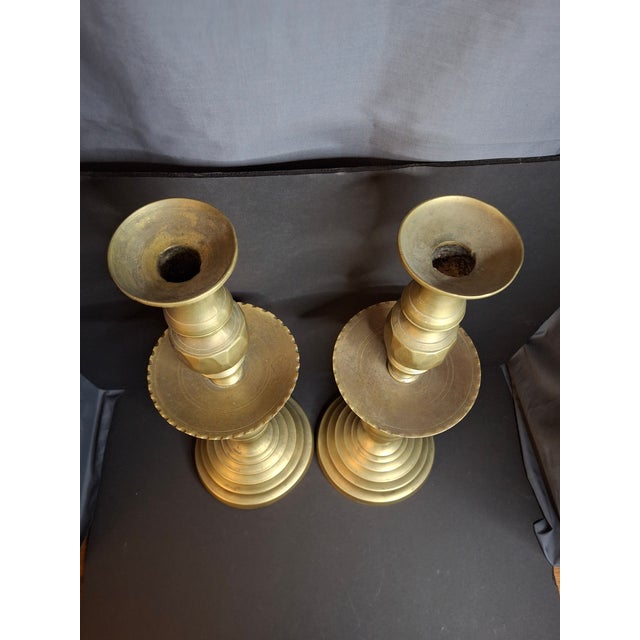 Monumental 19" Antique Brass Synagogue Shabbat Candlesticks - 19th Century For Sale - Image 9 of 13