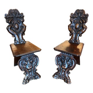 Pair of 19th Century Italian Renaissance Revival Carved Walnut Sgabello Chairs For Sale