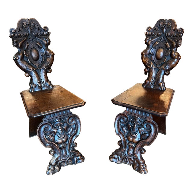 Pair of 19th Century Italian Renaissance Revival Carved Walnut Sgabello Chairs For Sale