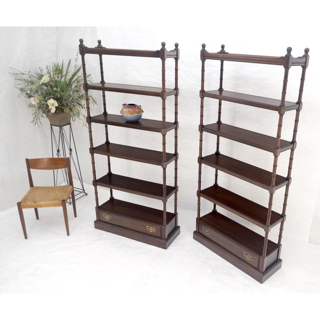 Pair of 6 Tier Faux Bamboo Bottom Drawer Cherry Bookcases Round Ball Finials For Sale - Image 9 of 14