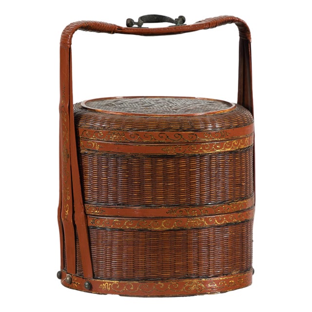 Vintage Chinese Woven Food Box with Painted Wood Bands, Double-Handled Carrying For Sale