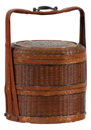Vintage Chinese Woven Food Box with Painted Wood Bands, Double-Handled Carrying