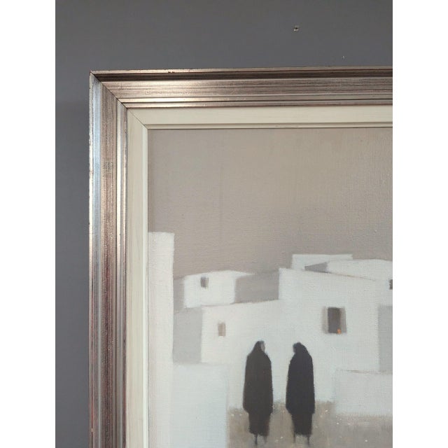 Textile Mid-Century Modern 'Quiet Commune' Original Figure City Oil Painting by Swedish Artist Fabian Lundqvist (1913-1989), Framed For Sale - Image 7 of 12