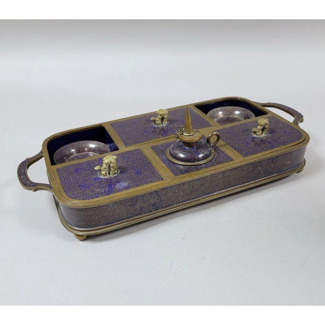 Metal Late 19th Century Chinese Qing Cloisonné Opium Tray With Original Burner, Foo Dog Covers & Six Dishes For Sale - Image 7 of 11
