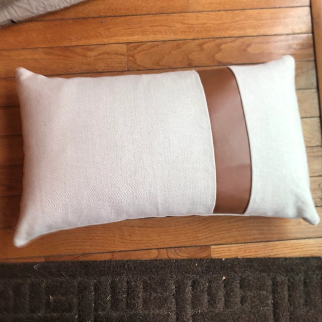 Boho Chic Contemporary Cream Linen and Leather Pillow For Sale - Image 3 of 6