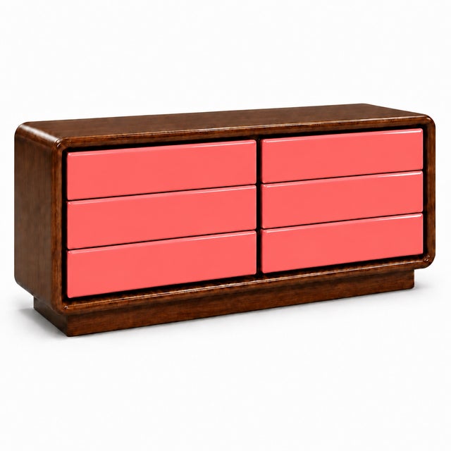 Postmodern dresser. Well made Refinished in a vivid salmon/walnut lacquer.. Dresser is in excellent condition, ready to...