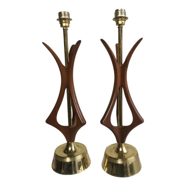 Mid-Century Modern Walnut and Brass Table Lamps attributed to Adrian Pearsall, 1950s, Set of 2 For Sale