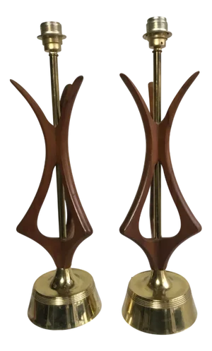 Mid-Century Modern Walnut and Brass Table Lamps attributed to Adrian Pearsall, 1950s, Set of 2