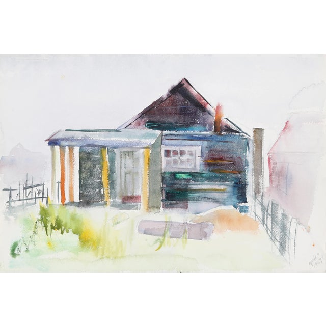 A common subject in her works, this one-story house in Eve Nethercott's watercolor retains rustic charm and a welcoming...