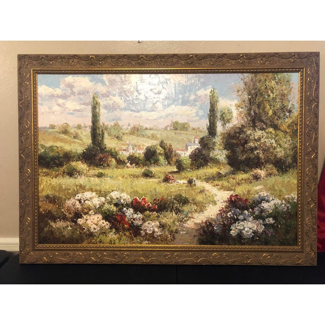 Late 20th Century Large Impressionistic European Village Landscape Oil Painting in Custom Gold Frame For Sale In New York - Image 6 of 18