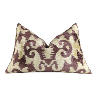 Handmade Velvet Pillow With Insert – Gold & Brown Ikat Motif, 16x24" For Sale