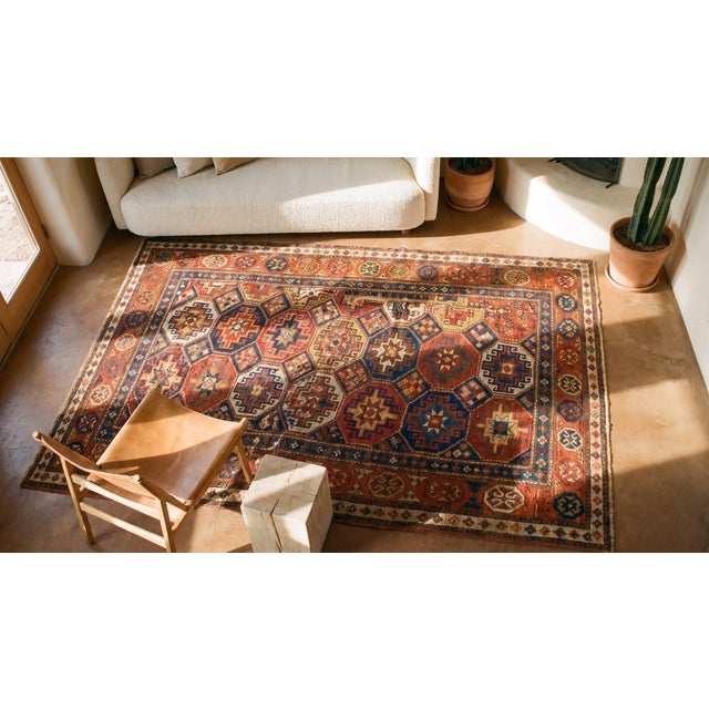Textile 1890s Blue Geometric Antique Caucasian Kazak Rug 4' X 8'2" Handknotted Wool Carpet For Sale - Image 7 of 9