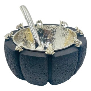 1980s Emilia Castillo Serving Molcajete Bowl & Spoon, Mexican Modern Silversmithing For Sale