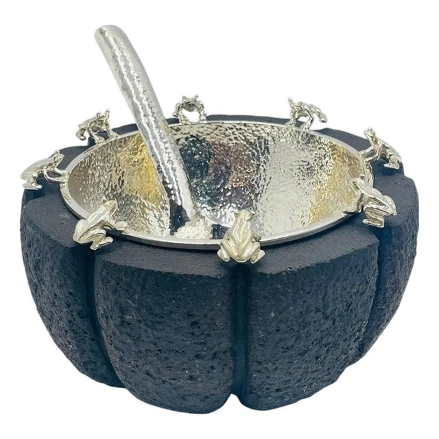 1980s Emilia Castillo Serving Molcajete Bowl & Spoon, Mexican Modern Silversmithing For Sale