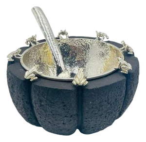 1980s Emilia Castillo Serving Molcajete Bowl & Spoon, Mexican Modern Silversmithing