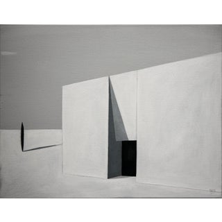 Scott Woodard "Oasis" Gray and Black Abstract Surrealist Architectural Landscape Painting, 2019 For Sale