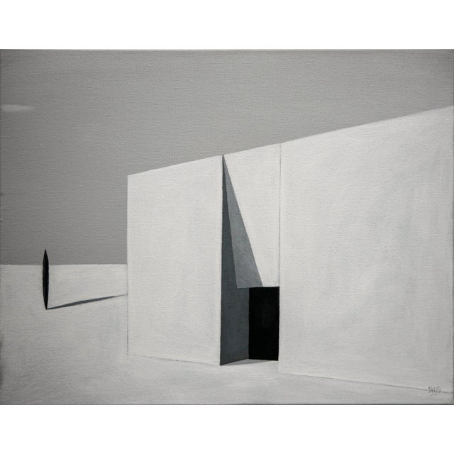 Scott Woodard "Oasis" Gray and Black Abstract Surrealist Architectural Landscape Painting, 2019 For Sale