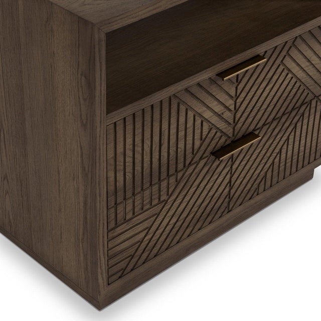 Modern dark brown finish oak veneer nightstand with two drawers and open shelving space above. Geometric line design...