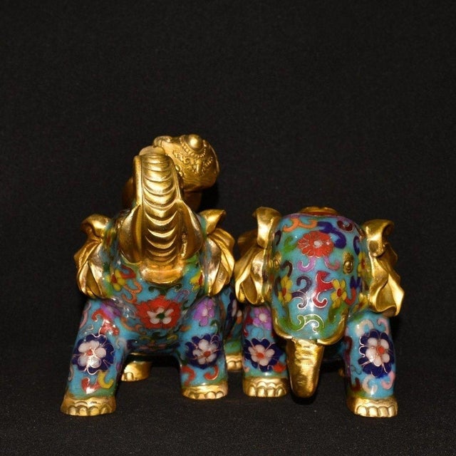 Vintage Cloisonne Enamel Elephant Pair – 6.7" Gilt Figures With Floral Motif For Sale In Los Angeles - Image 6 of 9