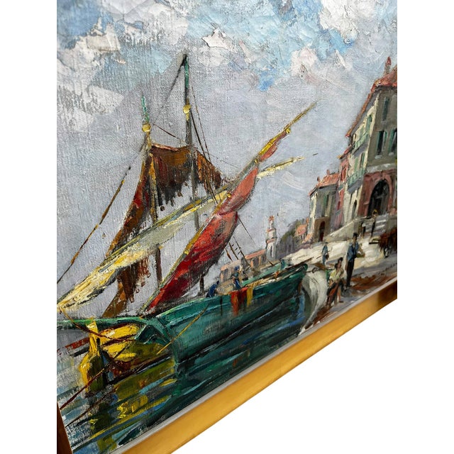 French Harbor Scene Painting, Circa 1950-1970 For Sale - Image 4 of 8