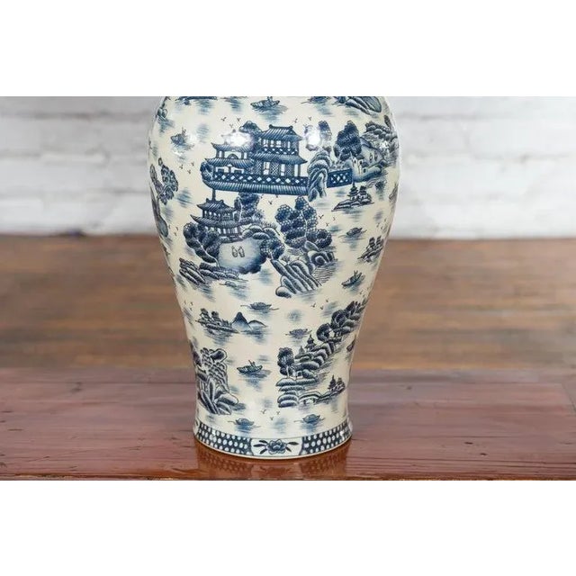 Off-white Vintage Chinese Blue & White Porcelain Vase with Landscapes & Architectures For Sale - Image 8 of 13