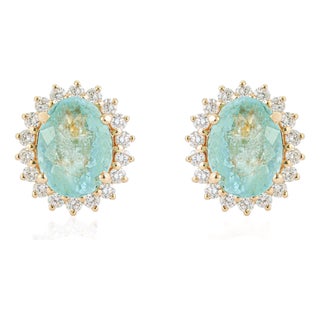 1.89ct Oval Cut Paraiba Stud Earrings With Diamonds in 14k Yellow Gold- A Pair For Sale