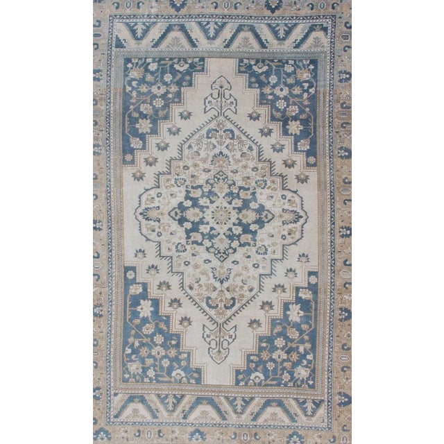 Vintage Turkish Oushak Rug With Geometric Design in Blue, Taupe and Sand For Sale - Image 4 of 13
