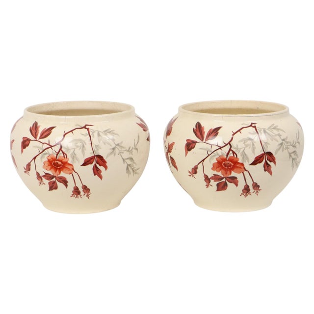 Ceramic Large Antique Flower Pots Cachepots with Floral Decor, Set of 2 For Sale - Image 7 of 18